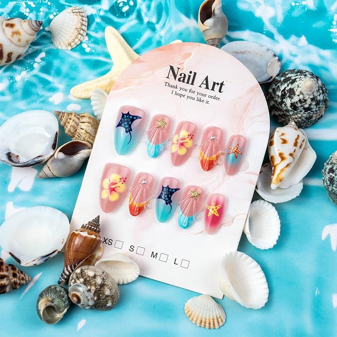 30Pcs Medium Almond Press On Nails Summer Beach Fake Nails with Hibiscus Flower, 3D Starfish & Seashell Wave Design French Tip Glue On Nails Cute Ocean False Nails for Women Vacation Party Manicure