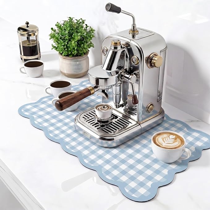 Blue Gray Scalloped Gingham Coffee Mat 12" x 20" | Absorbent Bar Mat Gingham Espresso Matt with Non Slip Rubber Backing for Coffee Countertops