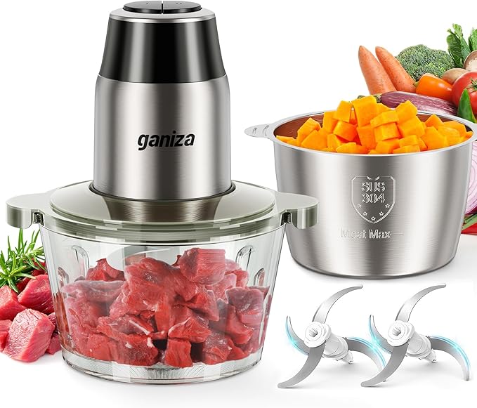 Ganiza Food Processors with 2 Bowls, 450W Meat Grinder Vegetable Chopper | 2-Speed Electric Food Chopper with 8 Cup Glass & 8 Cup Stainless Steel Bowls -Includes 2 Sets of Blades for Fruits/Meat/Nuts