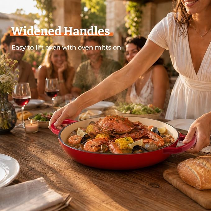 Cast Iron Dutch Oven–3 Layers Enameled Shallow Braiser & Casserole Pot with Lid, Even-Heating, Stovetop & Oven Safe to 500°F, 3.8 Quart for Family & Parties Meals(Red)