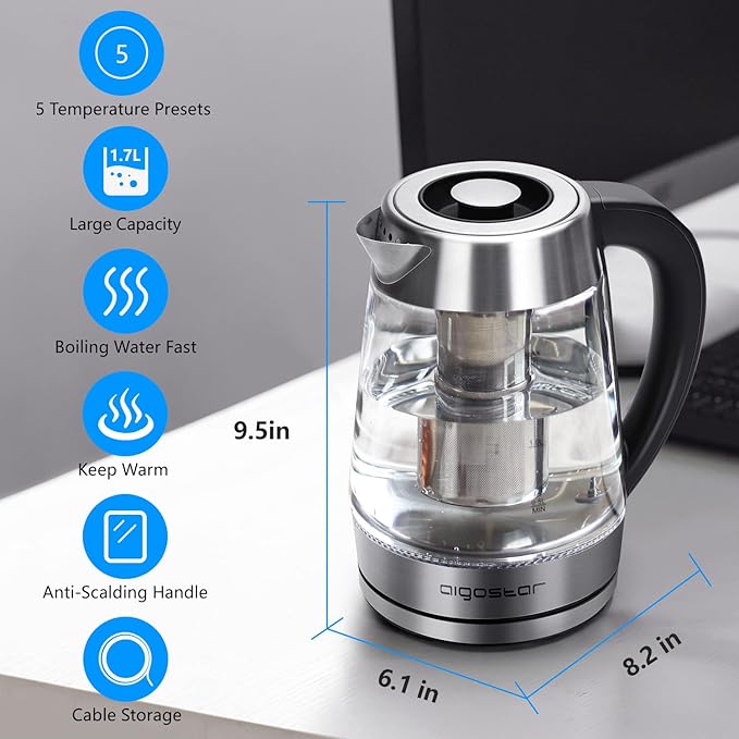 Aigostar Electric Kettle with Temperature Control and Tea Infuser | 1500W, 1.7L Hot Water Kettle with Variable Temperature, Keep Warm Function, LED Indicator Light Change, Auto Shut-Off
