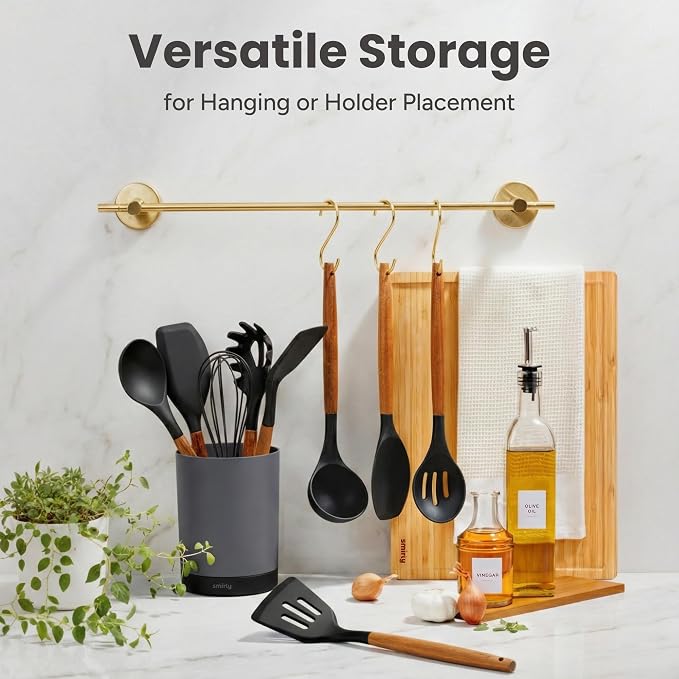 SMIRLY Silicone Kitchen Utensils Set, 22-Piece Acacia Wood Handle, Black | Cooking Utensils Set, Spatula Set with Utensils Holder, Heat-Resistant Silicone Heads, for Nonstick Cookware, BPA Free