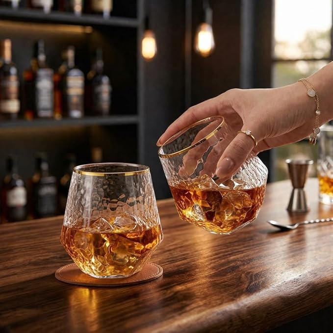40 Pack Disposable Plastic Wine Glasses 12oz Diamond Gold Rim Stemless | Shatterproof BPA-Free Reusable Recyclable, Cocktail Whiskey Champagne Cups, Unbreakable Hammered, for Wedding Party Birthday