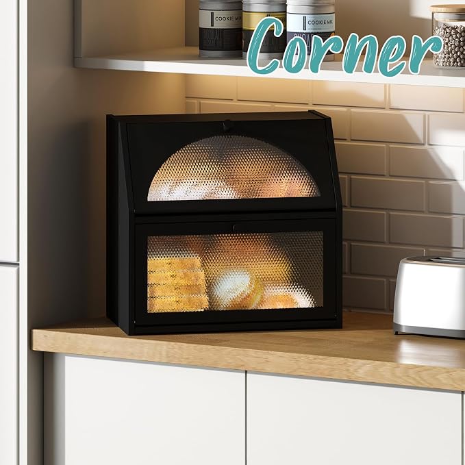 Extra Large Bread Box for Kitchen Counter, Bamboo Wood Double Layer Bread Box for Kitchen Counter, Wooden Capacity Bread Storage Bin，Black