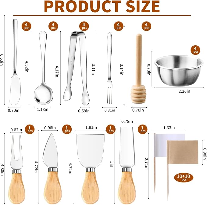 48 Pcs Charcuterie Boards Accessories Butter Spreader Knives Set Stainless Steel Cheese Mini Serving Tongs Spoons Forks Dipping Bowl Toothpick Flags Utensil for Pastry Making Wedding Christmas(Sliver)