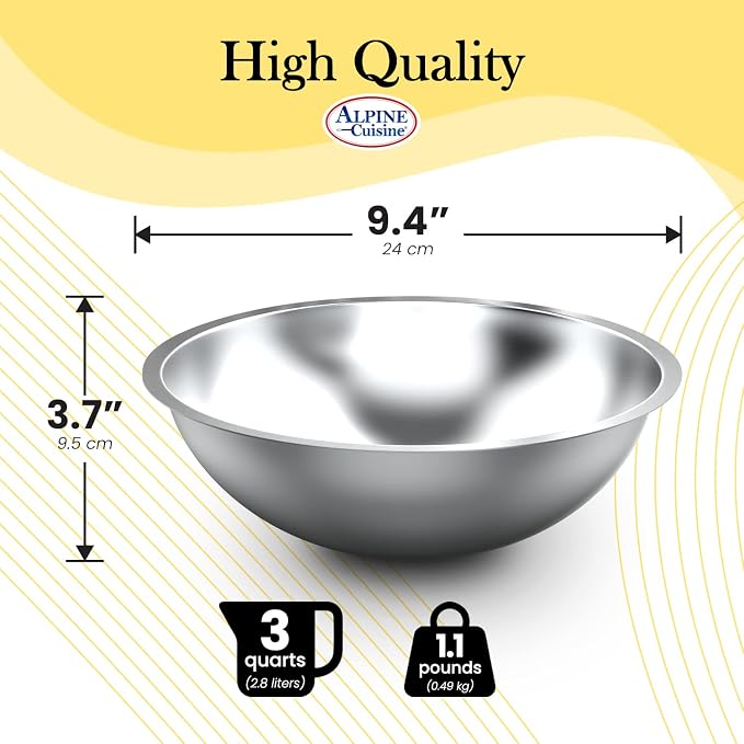 Alpine Cuisine 3-Quart Stainless Steel Kitchen Mixing Bowls, Salad Bowls Heavy Duty Deeper Edge, Dishwasher Safe Storage Bowls, Premium Polished Mirror Prep Bowls for Cooking & Serving