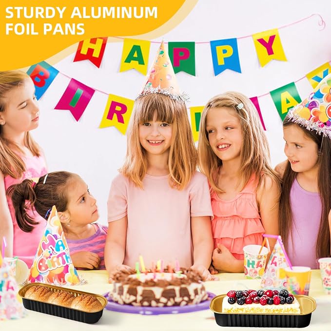 100 Pack 6.8 oz Rectangular Mini Loaf Pans with Lids and Spoons,Disposable Aluminum Foil Mini Cake Pans and Baking Tins with Sealing Stickers, Individual Black Dessert Containers for Parties