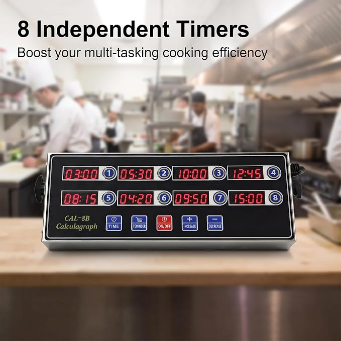 8 Channel Precision Kitchen Timers for Cooking, Commercial Kitchen Timer Restaurant Kitchen Supplies, Stainless Steel Digital LED Chef Cooking Timer, Reminder Function,Drillable wall mounting