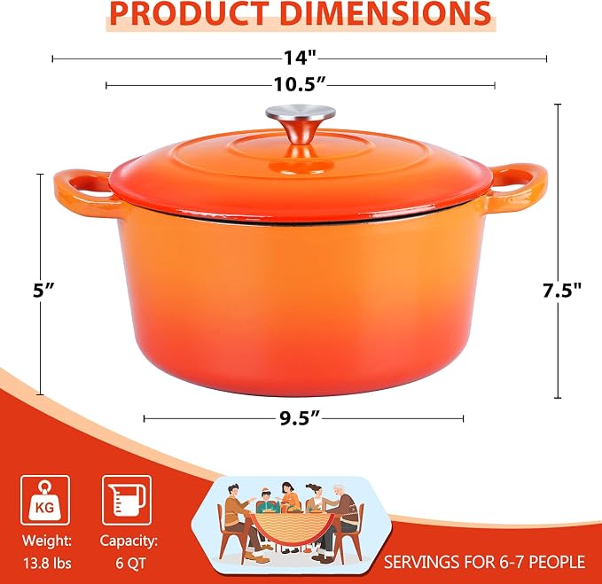 E-far 6 Quart Dutch Oven, Enameled Cast Iron Dutch Oven Pot with Lid, Nonstick Round Cookware for Braising/Stews/Roasting/Bread Baking/Cooking, Heavy Duty, Induction & Oven Safe - Orange