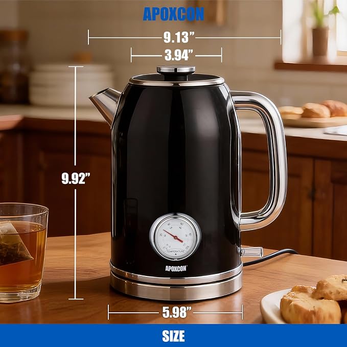 APOXCON Retro Electric Kettle with Thermometer, 1.8L Stainless Steel, Black, Cordless, 1000W Fast Boiling, Automatic Shut Off