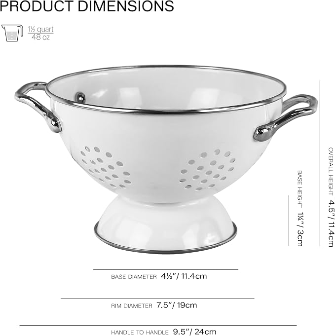 Reston Lloyd, 1.5 Quart Powder Coated Steel Kitchen Strainer Basket for draining Pasta, Vegetable and Fruit, Chrome Handles and Wide Stable Base, White
