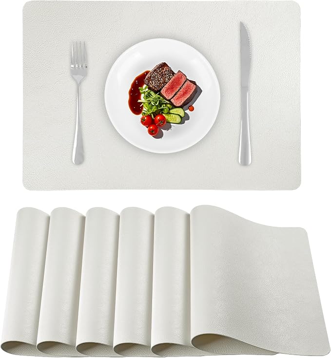 Faux Leather Placemats Set of 6 Heat Resistant Table Mats 17×12 Inch | Waterproof & Wipeable Place Mats Set of 6 Dual Sided Table Placemats for Kitchen Dining Decor Indoor & Outdoor 43×30 CM Cream