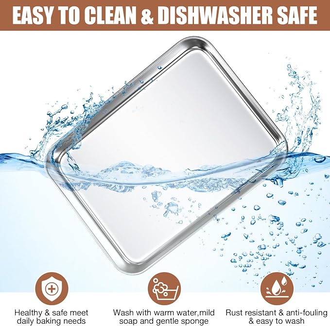Potchen 3 Pcs Baking Sheet Pan Set Stainless Steel Cookie Sheet Small Toaster Oven Pans Tray Barbecue Grill Pan Rectangle Trays Oven Freezer Bakery, Non-stick, Easy Clean, 9 x 6.7 x 1 Inches