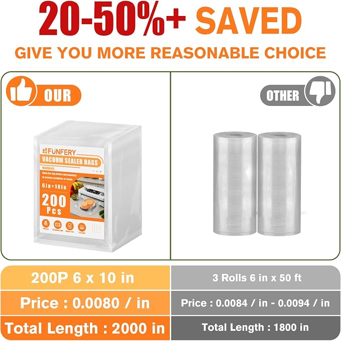 FUNFERY 200 Precut Pint 6" x 10" BPA-Free Vacuum Sealer Bags for Food | Commercial-Grade Bags for Long-Term Food Storage, Microwave, Boiling, Sous Vide and Refrigerator Storage