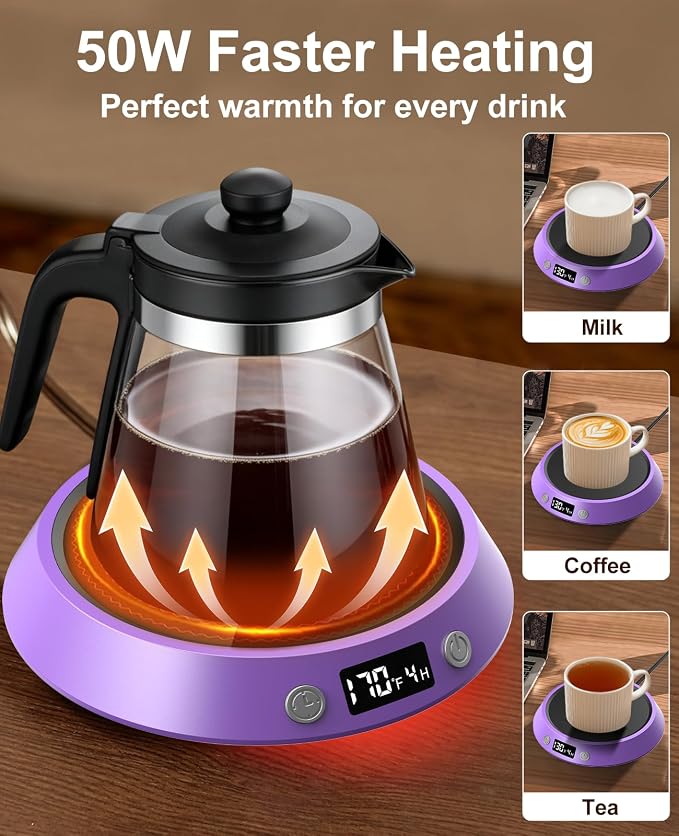 Kepwam Mug Warmer for Desk, Coffee Warmer with 3 Temp Settings & 2-9H Timer | 50W Fast Heating Beverage, LED Digital Display, Works for Coffee Mugs & Candle Jars, Multifunctional Gift fo Home & Office