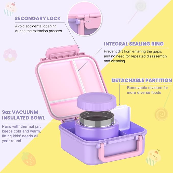 Bento Lunch Box for Kids with 9oz Thermo, Leak-proof Lunch Containers with 3 Compartments,Kids-friendly Size,Durable/Dishwasher Safe Lunch Box for School Outdoors Purple-Pink