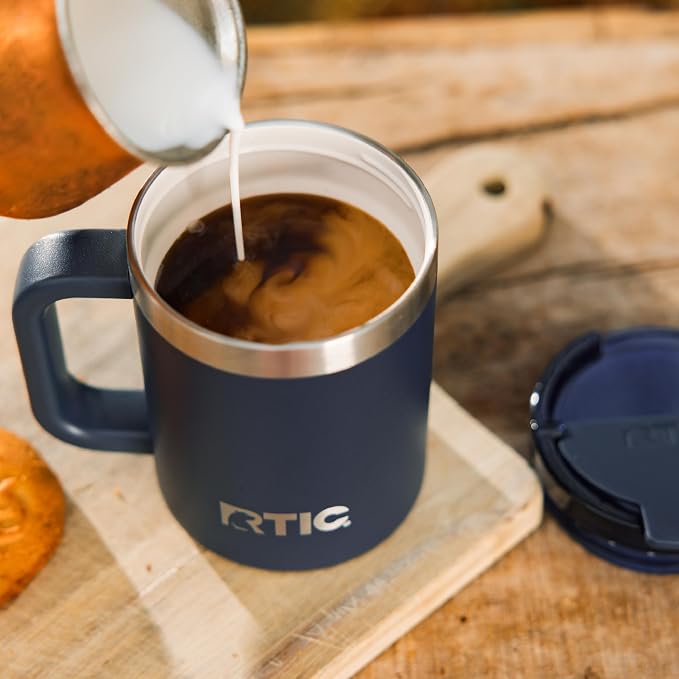 RTIC 12oz Essential Mug with Lid and Handle, Ceramic Lined, Navy | Stainless Steel Metal, Insulated Travel Cup for Hot and Cold Drinks, Coffee, Car, Camping and Travel