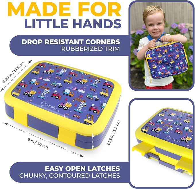 kinsho Bento Lunch Box Set with Thermo, Bag & Ice Pack, Blue Yellow Trucks | 5 Compartments, Removable Tray, Small Meal Snack Container Kids Boy Toddlers, Daycare Pre-School Kindergarten, Steel Food Jar