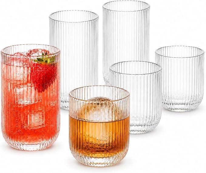 Ribbed Drinking Glasses 6pcs, Rocks Drinking Glasses 12oz and 10oz, Tumbler Glasses Cup Set for Wedding, Party, Christmas Gift, Clear