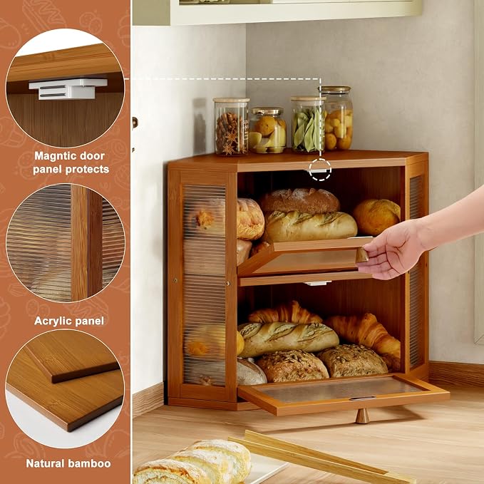 WOWLIVE Double Layer Corner Bread Box for Kitchen Countertop with 2 Doors | Bamboo Bread Storage Container, Large Farmhouse Breadbox with Acrylic Wavy Door, Under Cabinet Organizer, Caramel, Medium