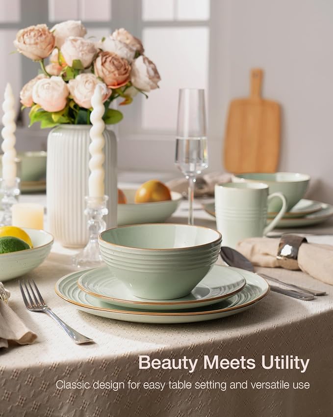 Famiware Jupiter Stoneware Dinnerware Sets for 8, Rimmed Plates and Bowls | 24-Piece Ceramic Speckled Dish Set, Chip & Scratch Resistant, Microwave & Dishwasher Safe, Rustic Modern Style, Neutral Green