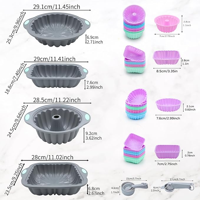 69 Pieces Silicone Baking Set, Non-Stick Bakeware Set with Cake Pans, Muffin Cups, Food Grade Silicone Baking Molds for Cakes, Bread, Muffins, Brownies, Light Grey
