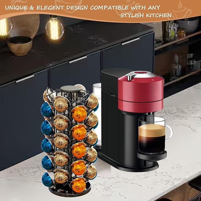 Nespresso Pods Holder Tower Stand,Vertuo Pod Holder 40 Pods Capacity,Black | Coffee Pods Holder Organizer Fits Vertuo Pods, 360°Revolving Pod Carousel, Space-Saving for Countertop,No Assembly Required