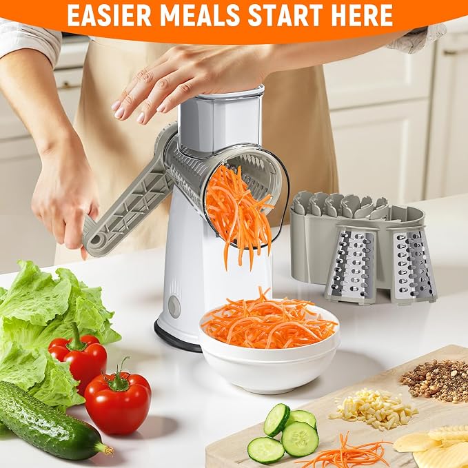 Rotary Cheese Grater Hand Crank, 5-in-1 Vegetable Chopper Spiralizer Slicer | Shredder with 5 Interchangeable Blades for Vegetable, Cheese, Fruit, with Blades Storage Box & Stable Suction Base (White)