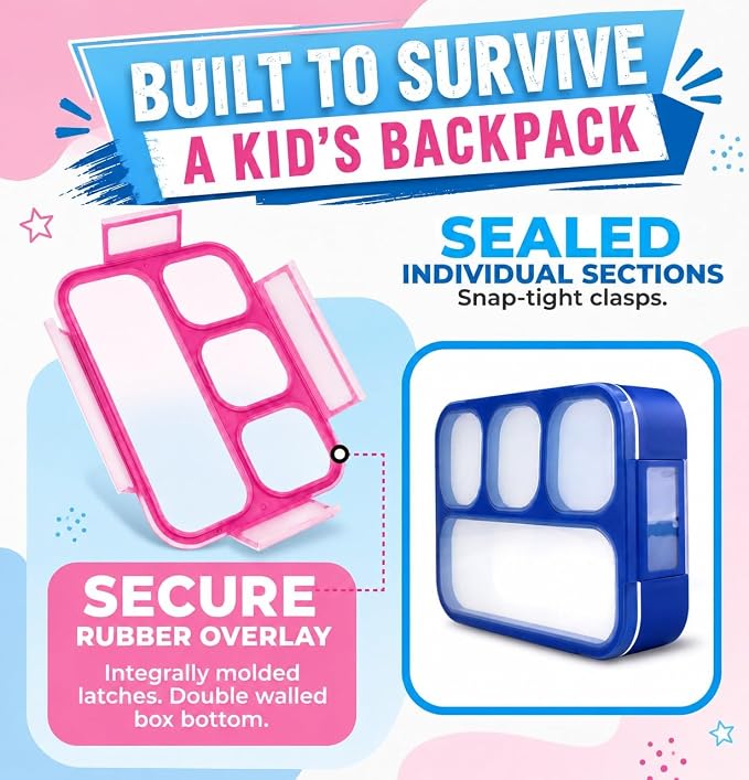 kinsho Bento Lunch Box for Kids Adults, 4 Sealed Divided Compartments, Portion Control Meal or Snack Containers for Boys Girls Women Men, School Work BPA Free with Utensils, Blue + Rose Pink 2 Pack
