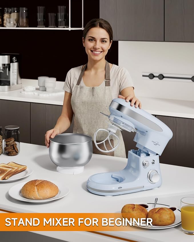 Stand Mixer 3.4QT Kitchen Electric Standing Mixer 6+P Speed 3-In-1 Blue | Household Mixers with Whisk,Dough Hook,Flat Beater&Splash Guard, small for Baking Cheesecake and Bread in Kitchens