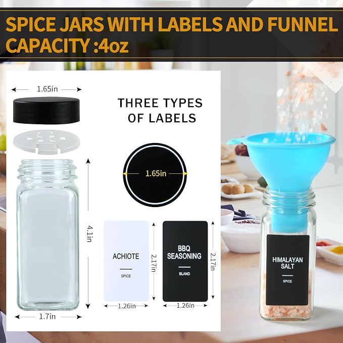 48 Glass Spice Jars with Labels, 4oz Spice Containers with Airtight Lids | Black Square Seasoning Containers with Shaker Lids, Empty Spice Bottles for Rack, Kitchen Drawer, 492 Labels, 1 Funnel