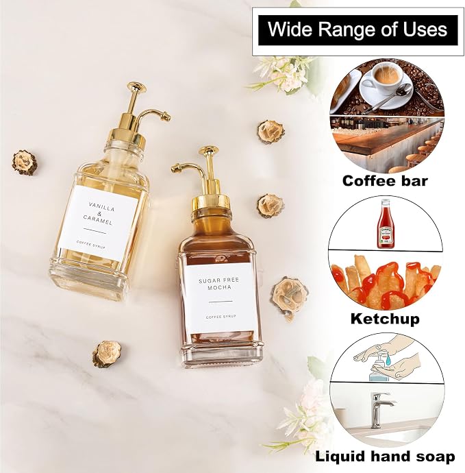 Coffee Syrup Dispenser for Coffee Bar, Clear Glass Syrup Bottles with Pump, Refillable Maple Syrup Storage, Coffee Station Accessories and Organizer, 500ml, Set of 2 (Gold)