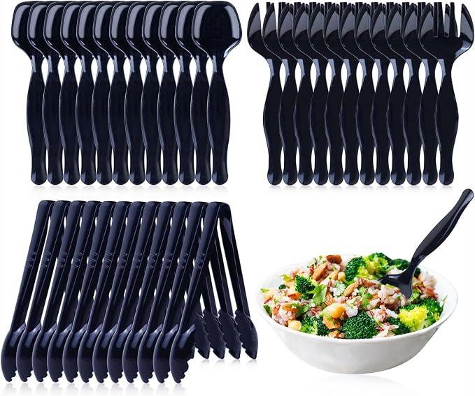 36Pcs Black Plastic Serving Utensils, Spoons Forks and Tongs Set (Black) | Disposable party utensils for dinner parties, buffets, salad, noodles, soup and weddings, clear serving supplies set