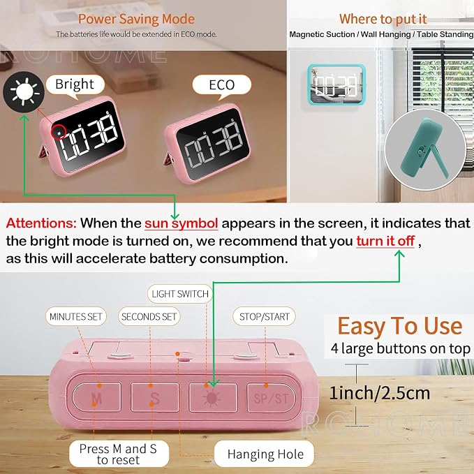 Digital Large Display Visual Timer Stopwatch for Kitchen Teacher School Classroom Cooking, Night Light Magnetic Bathroom Makeup Mirror LED Stop Clock Timer, 99 Minutes Countdown, Loud/Silent (Green)