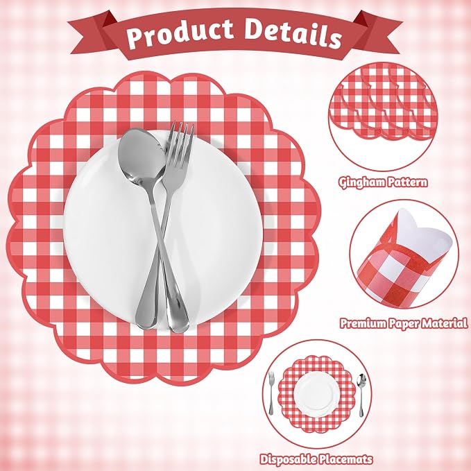 60 Pcs Red and White Gingham Paper Placemats, Scalloped Checkered Place Mat | 13.5 Inch Disposable Picnic Placemats Decorative Paper for Table Setting BBQ Baby Shower Wedding Bridal Banquet Tea Party
