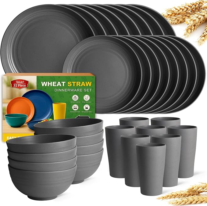 Teivio 32-Piece Plates and Bowls Sets for 8, Gray Matte Dinnerware Sets | 13.5oz Cups, Plastic Wheat Straw Unbreakable Dish Set, Dishwasher Safe, for Outdoor Camping RV Apartment Essentials Plate Set