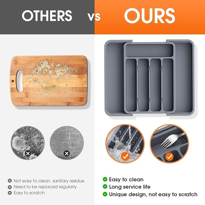 SpaceHacks Silverware Organizer，Adjustable & Expandable Drawer Organizer | Utensil Drawer Organizer, BPA Free Utensil Holder, Cutlery Tray for Forks, Spoons, Knives in Kitchen, Medium, Grey