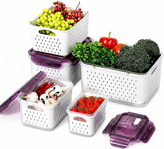 Fruit Storage Containers for Fridge with Removable Colander, Food Storage Containers with Lids, Dishwasher & Microwave Safe, Keep Berry Fruit Vegetable Meat Fresh Longer (Clear Body/Purple Lid)