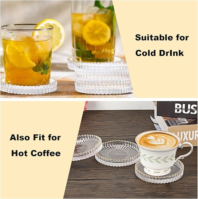 Set of 5 Modern Clear Coaster-Glass Coasters for Drinks,Clear with Gold Rim | Crystal Coasters Round Cup Mat, Coffee Table Decor for Office, Kitchen, Bar, Dining Room, Living Room, Patio