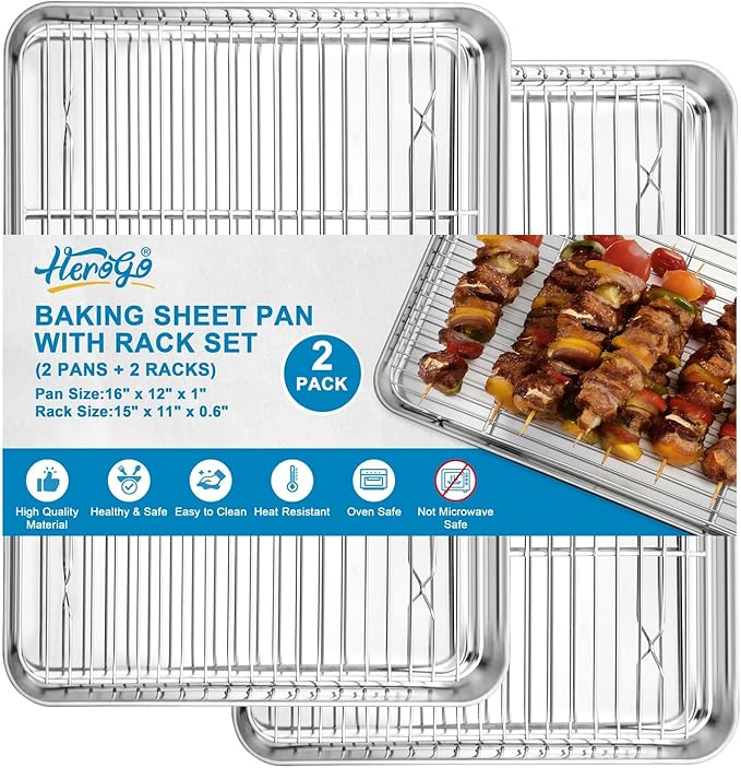 Herogo Baking Sheet with Wire Rack Set(2 Pans + 2 Racks), 16" x 12" x 1" Stainless Steel Jelly Roll Pan with Cooling Rack Set for Baking & Roasting, Non Toxic & Easy Clean