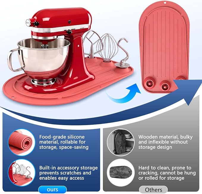 Upgraded Mixer Slider Mat for KitchenAid 4.5-5 Qt Tilt-Head Stand Mixer | Silicone Countertop Mover with 3 Attachment Storage Slots, Non-Slip Mixer Pad Organizer for Dough Hook Whisk Flat Beater, Red