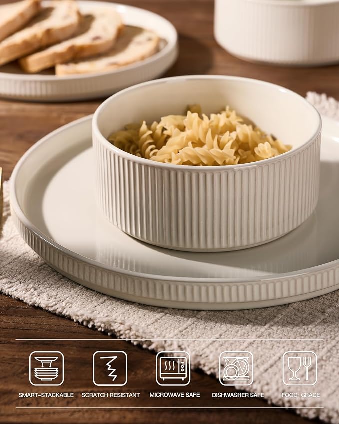 Famiware Stoneware Dinnerware Sets for 8, 24pc Rimmed Plates, Bowls, Dishes | Chip & Scratch Resistant Ceramic, Microwave & Dishwasher Safe, Everyday & Formal Use, Modern Rustic, Lipped Edges, Oat White