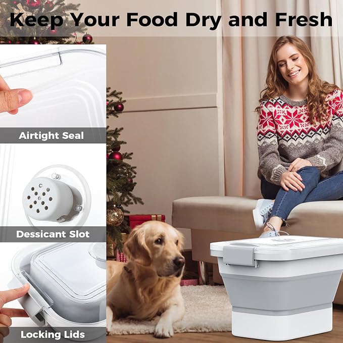 10-13Lbs Airtight Dog Food Storage Container,Collapsible Dog Food Container | Clear Pet Food Storage Container with Double Airtight Seal for Freshness,Cat Food Container One-handed Open,Save Space,Scoop