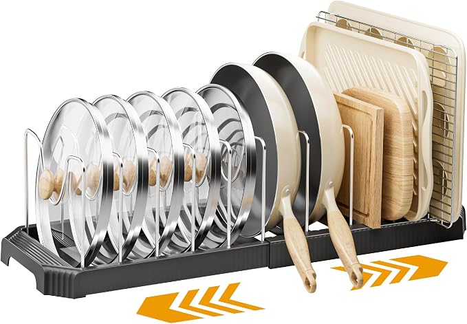 MUDEELA Pots and Pans Organizer under Cabinet, Pan Pot Organizer Inside Cabinet, Expandable 12.9''-21.88'' Pot Lid Organizer Holder with 12 Adjustable Dividers for Cutting Boards, Pan Lid Rack, Black