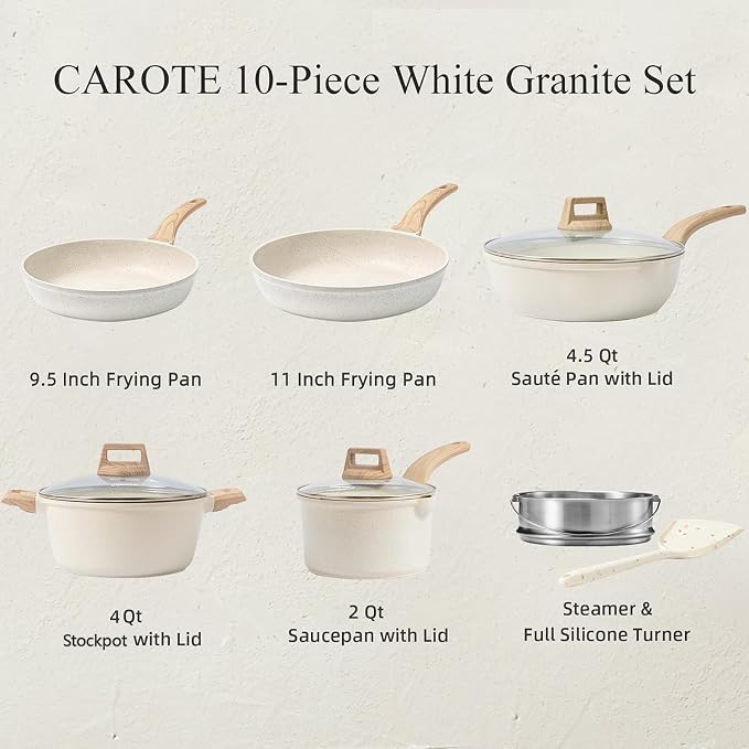 CAROTE Nonstick Pots and Pans Set, Cookware Sets, 10pcs | Induction Kitchen Set, Durable Coating, Easy Clean, Fit All Stovetops, Even Heating, Stay Cool Handle, with Steamer