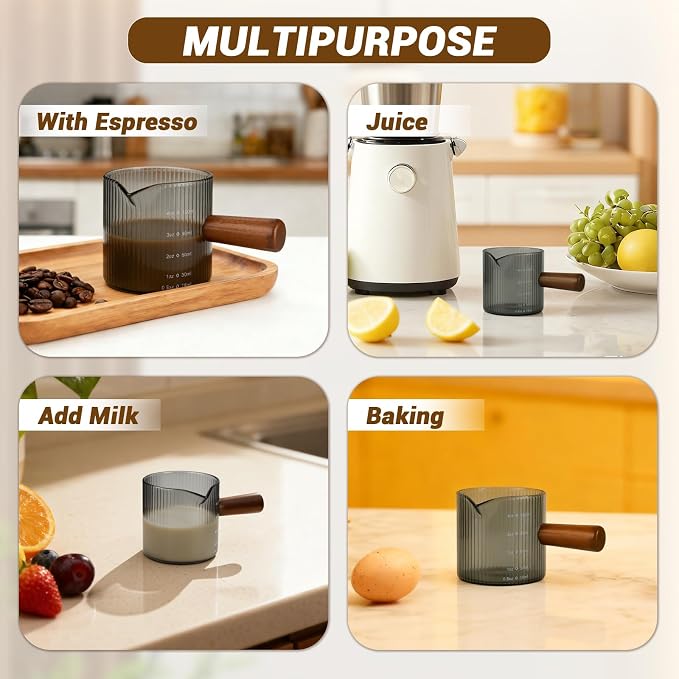 Espresso Measuring Cup 4 Oz, Espresso Glass Cups with Wood Handle, Milk Frothing Cup, Espresso Cup for Coffee, Milk, Tea or Maple Syrup Serving (Gray, 4 oz)