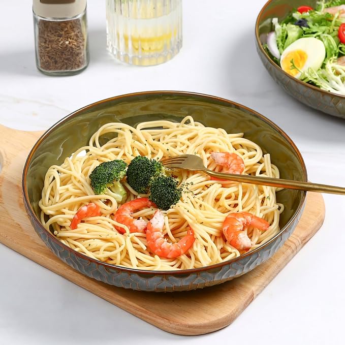 Sureasy 9.7" Pasta Bowls Set of 4, 42 oz Large Salad Bowls for Kitchen, Embossed Ceramic Serving Bowls for Fruits, Soup, Pasta and Salad, Microwave & Dishwasher Safe, Green
