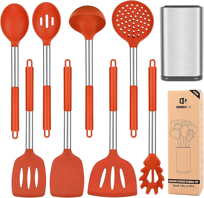 Silicone Cooking Utensils Set, 8 Pcs Kitchen Utensils with Holder, Red | BPA Free and Heat Resistant, Kitchen Tools for Non Stick Cookware include Spatulas, Turners, Spoons, Skimmer and Pasta Fork