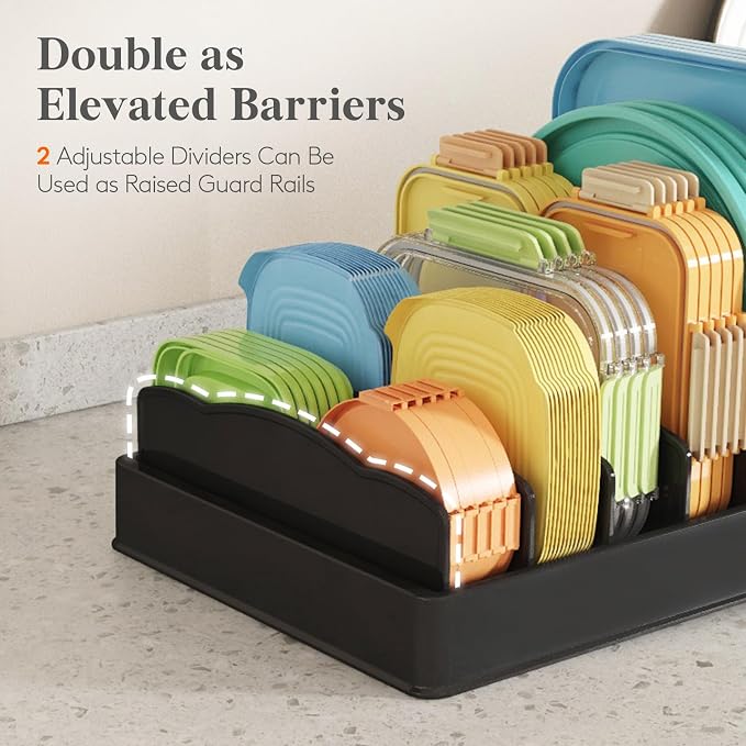 Lifewit Kitchen Cabinet Organizer for Food Contanier Lid with 7 Sections | Lid Holder with 6 Adjustable Dividers for Pantry Organizers and Storage, Home Drawer Organization, Black, Large, 13" x 10"