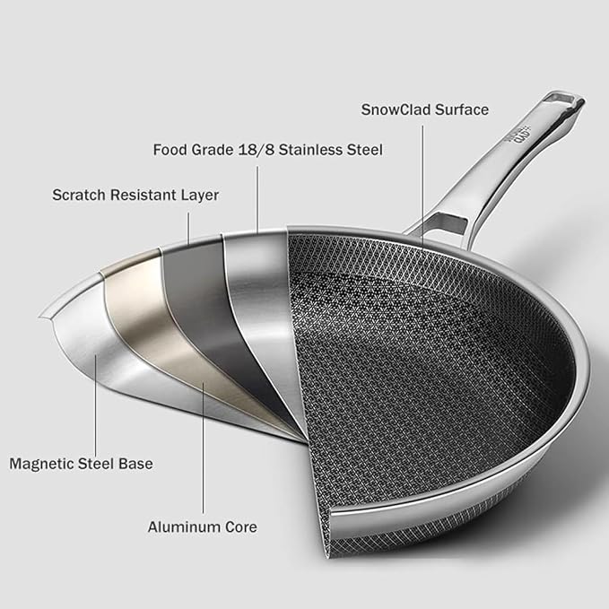 SNOWCLAD Hybrid Nonstick Stainless Steel Frying Pan with Lid, 12-Inch, PFOA-Free Non-Toxic Skillet, Induction Compatible, Dishwasher, Oven & Broiler Safe